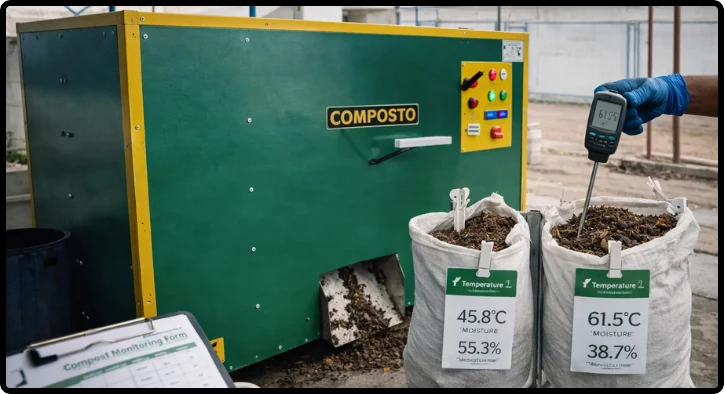 Processed organic material discharged from a COMPOSTO machine for the separate curing stage