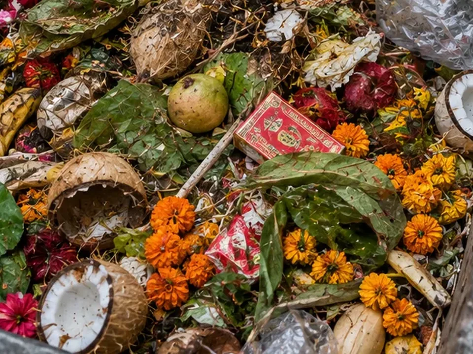 Coconut shells mixed with temple waste