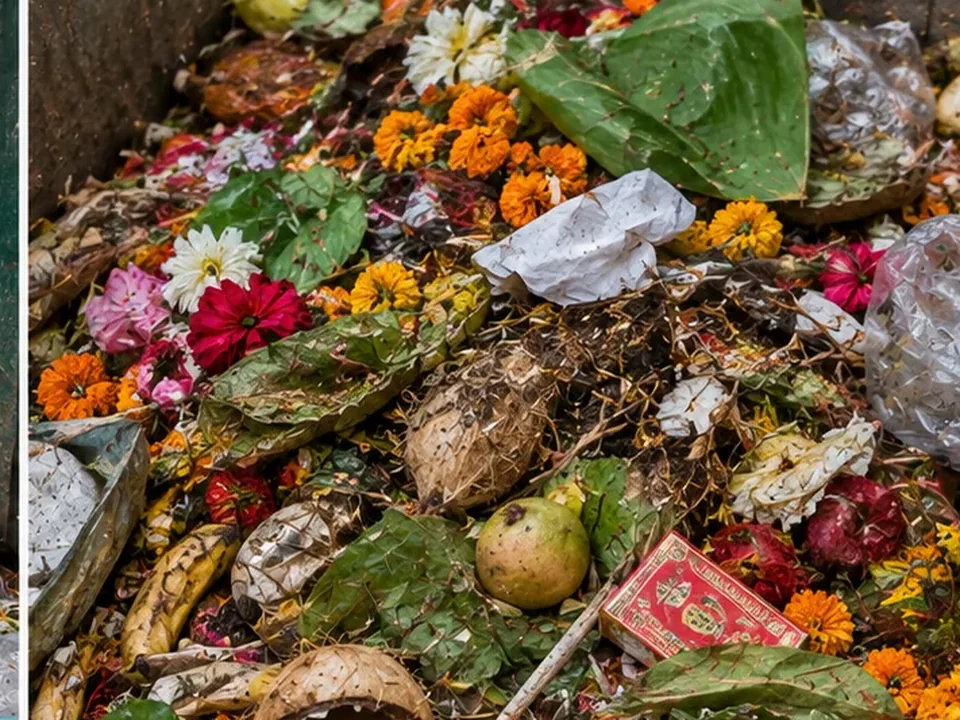 Leaves and mixed puja waste from a temple