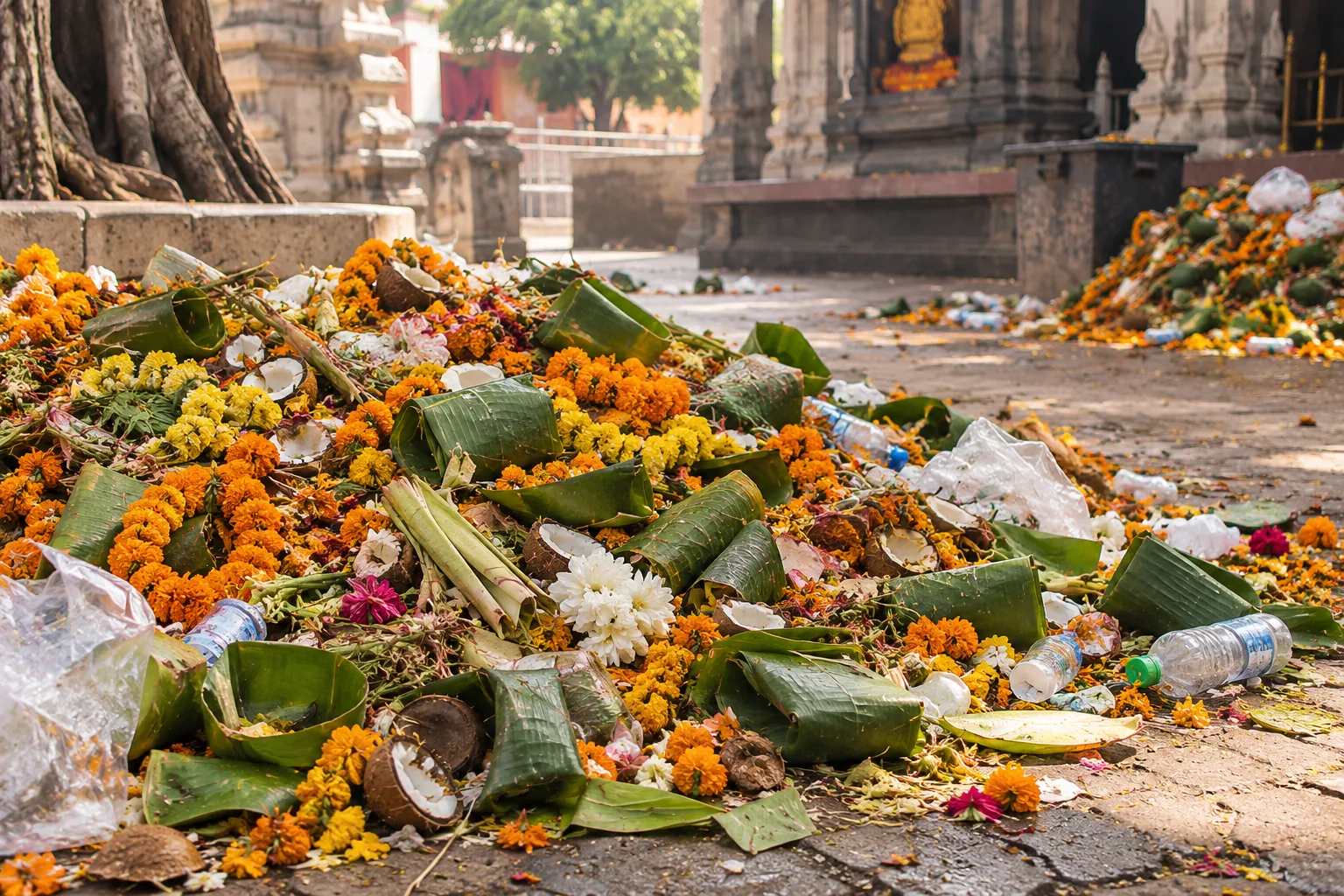 Mixed temple wet waste with flowers leaves coconuts and packaging near a temple