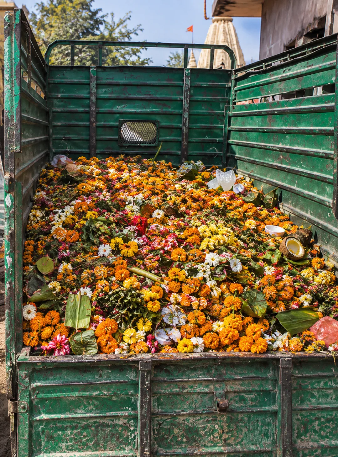 Temple flower waste collected in a vehicle before segregation