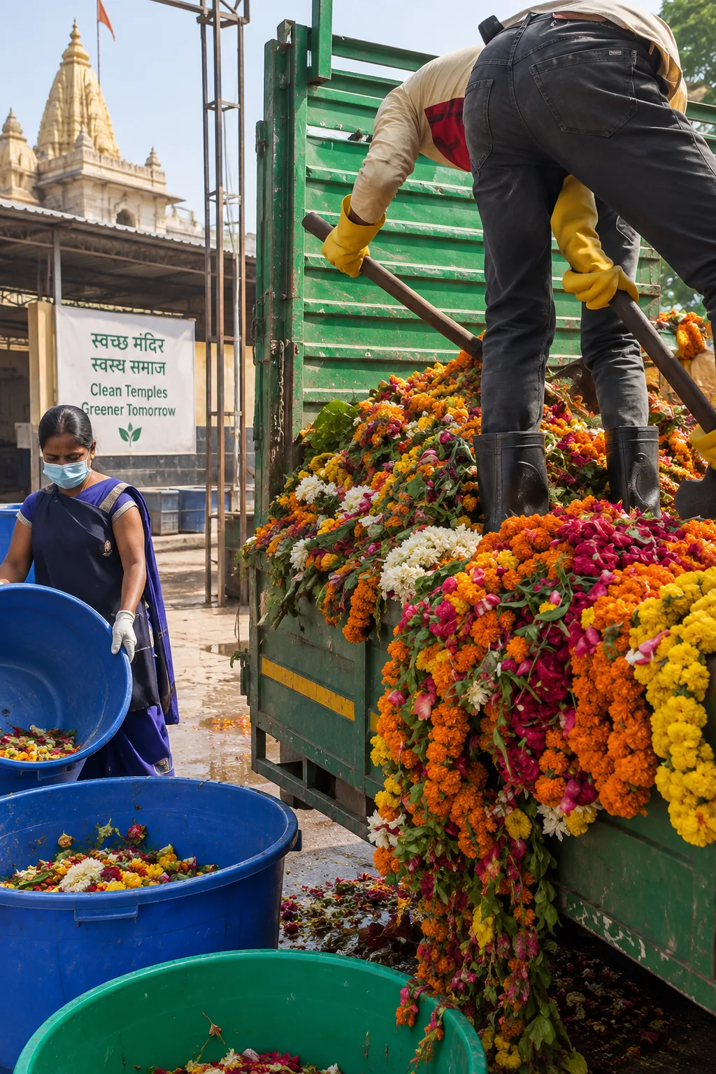 Temple flower garlands and malas collected for segregation