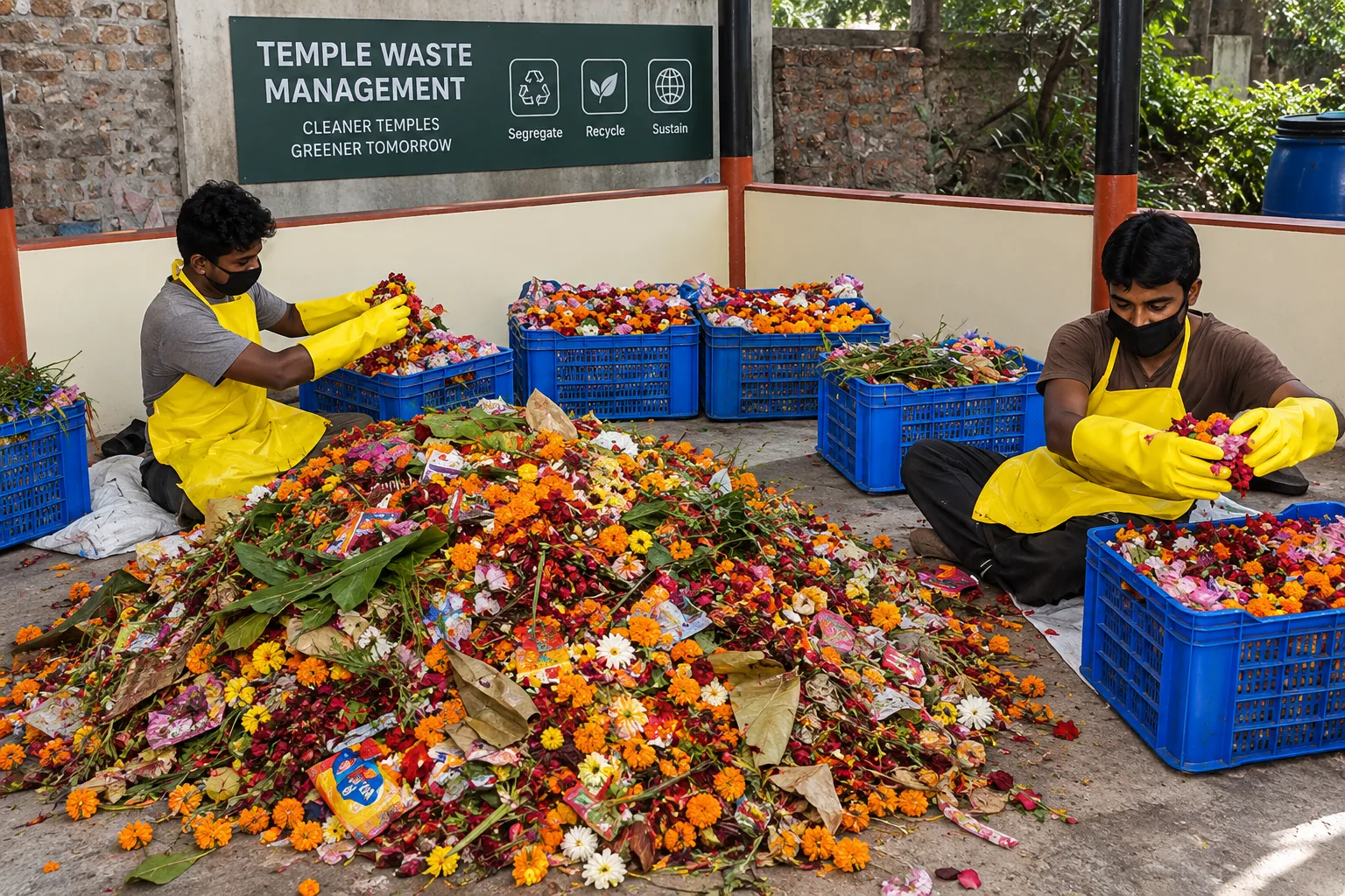 Temple flower waste being segregated into separate material groups