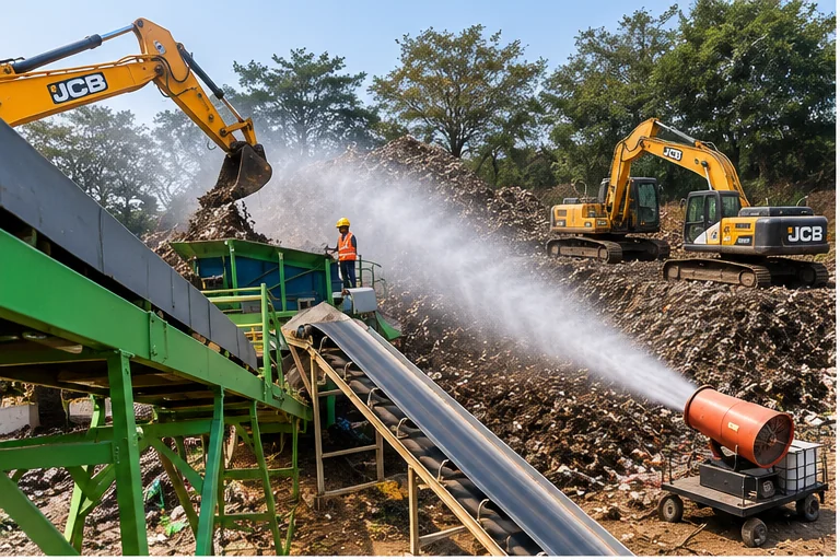 C&D waste recycling line with material handling and dust control