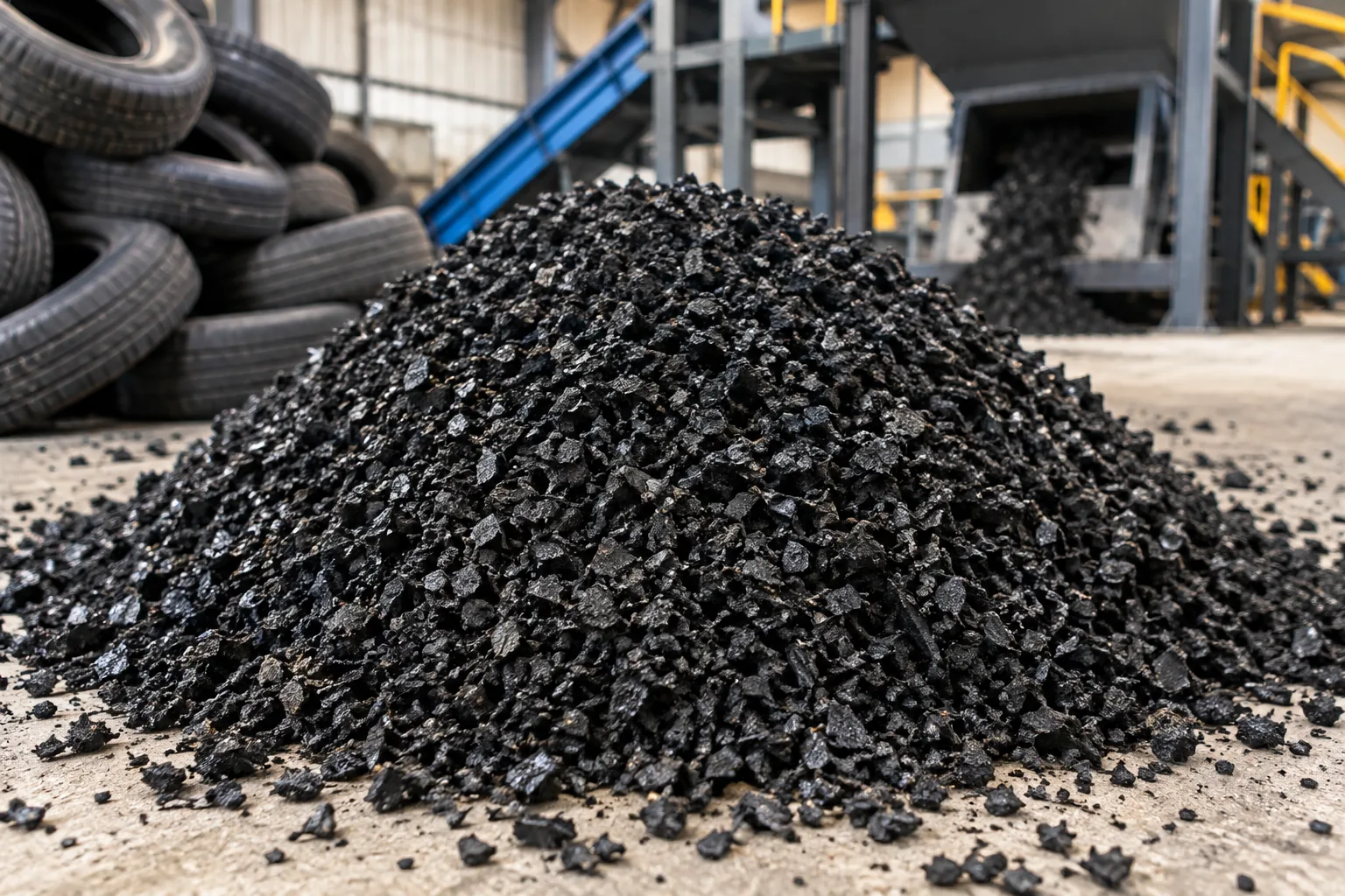 Coarse rubber chips after tyre size reduction